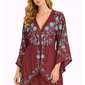 Lakra Boho Floral Embroidered Kimono Cover Up Maroon One Size Festival Layer